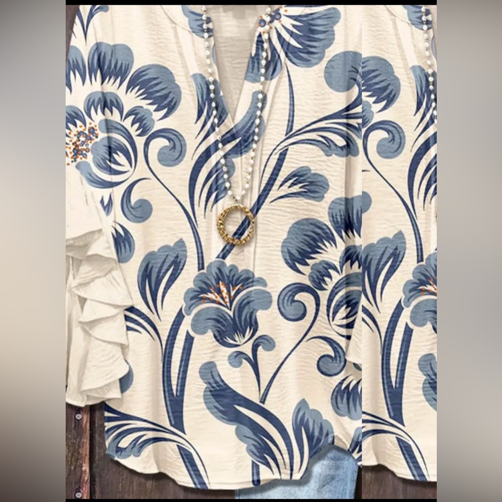 Floral Blue and Cream Blouse